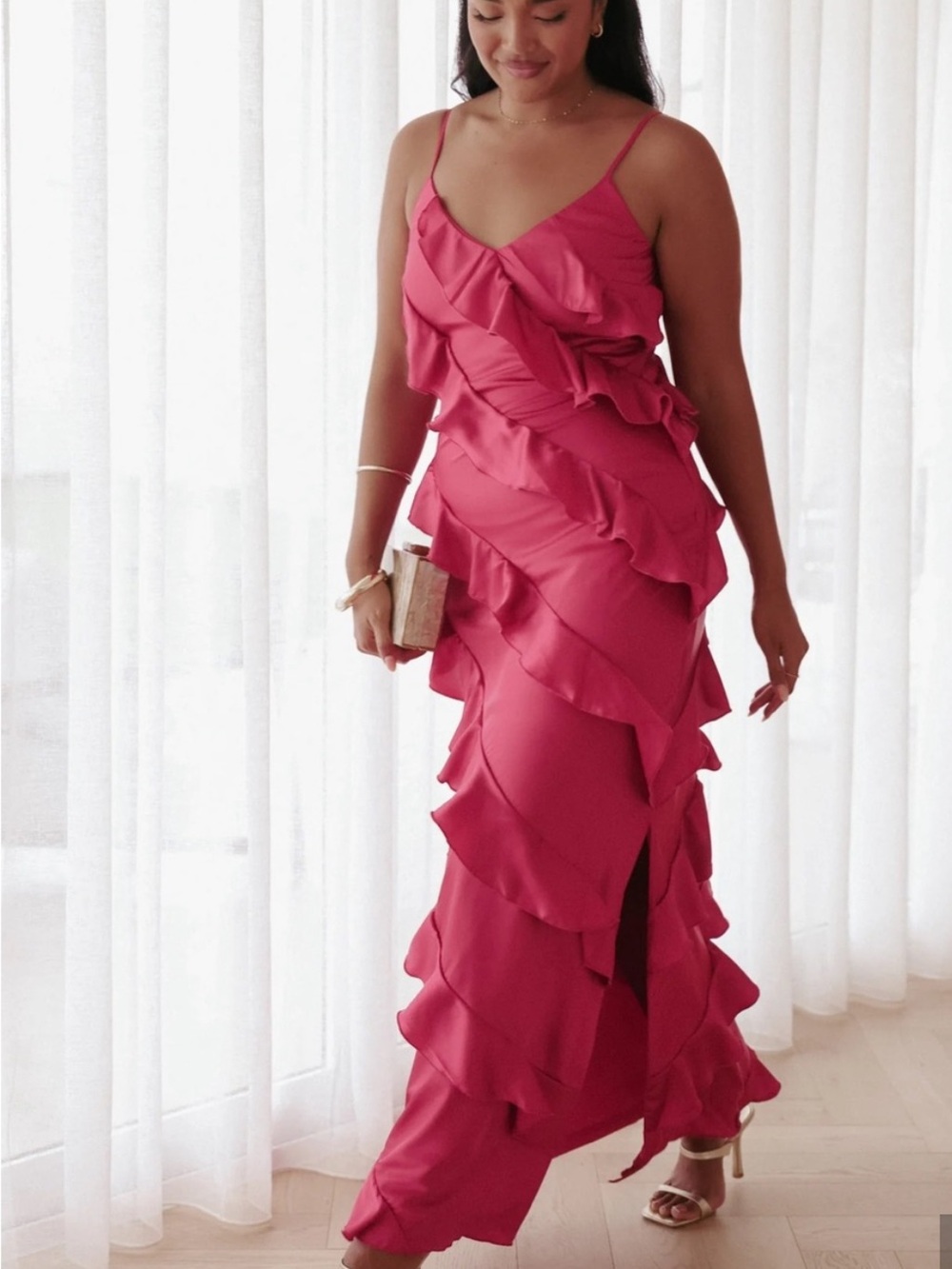 NWT Petal & Pup Ciao Ruffle Maxi Dress M Medium NEW Magenta Ruby Silk Satin
